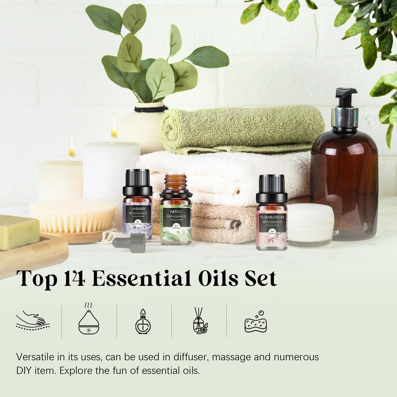 Floral Essential Oils Set - 14 Pcs Fragrance Oil for Diffusers, Aromatherapy, Candle Making - Lavender, Geranium, Rose, Jasmine, Gardenia Aromatherapy Essential Oils Kit Healthcare Healthy Therapeutic Wellness Treatment