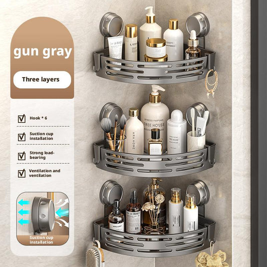 CLOUDSEA 3-Pack Gun Gray Plastic Triangle Suction Cup Showercaddy 3-Tier Corner Shelves Nodrilling 40Lbs Load Capacity Bathroom Organizer with 6 Hooks for Easy Storage