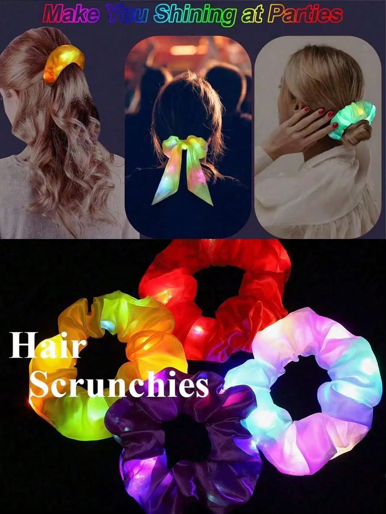 10-Pack LED Hair Scrunchies - Light Up Ponytail Holders with 3 Modes | Glow in the Dark Party & Festival Hair Accessories for Women & Girls