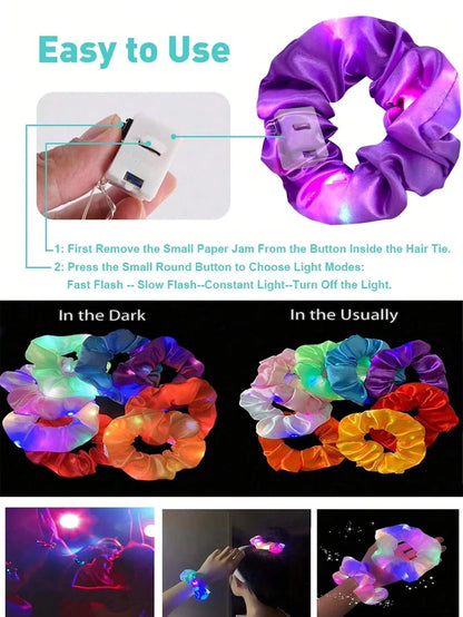 10-Pack LED Hair Scrunchies - Light Up Ponytail Holders with 3 Modes | Glow in the Dark Party & Festival Hair Accessories for Women & Girls