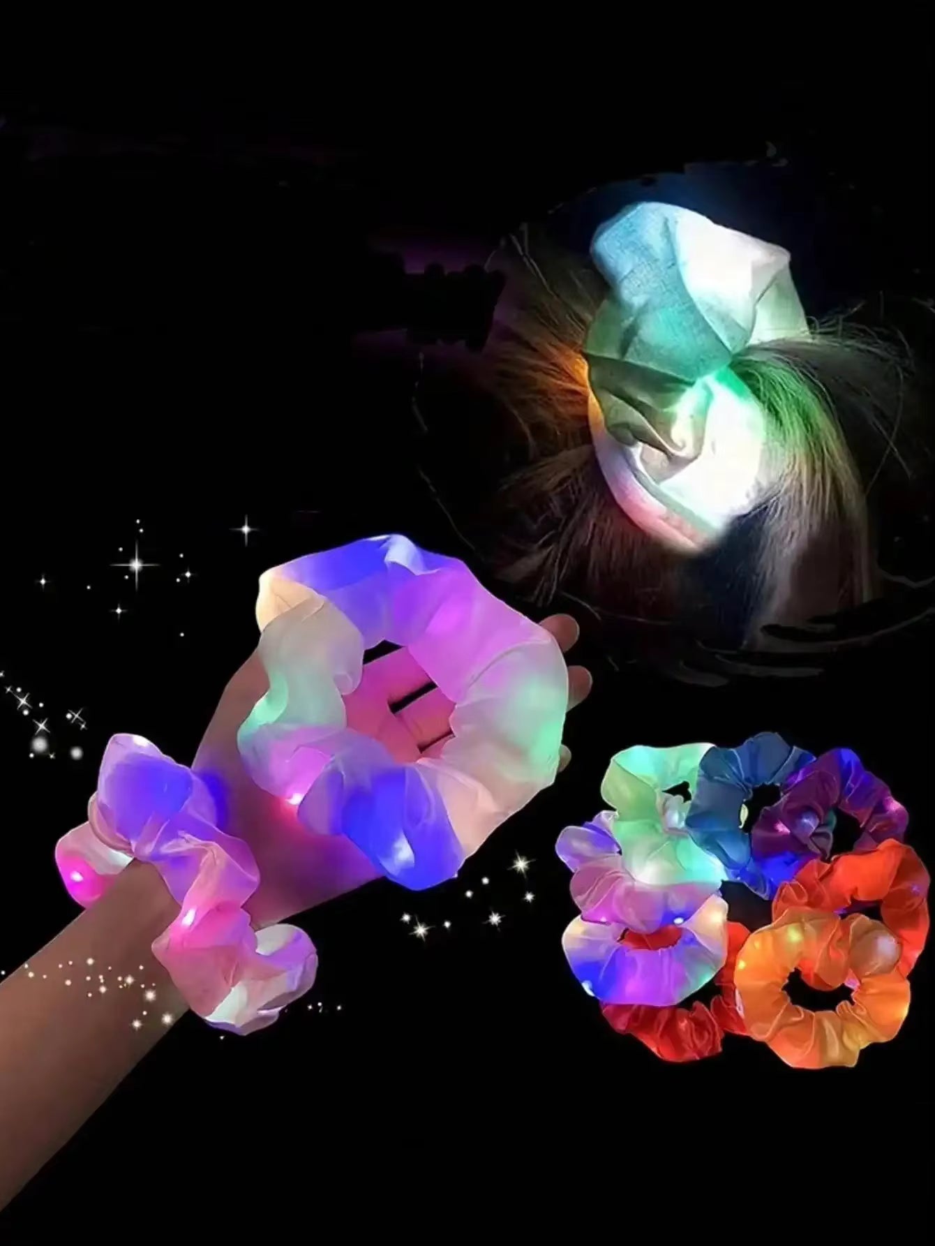 10-Pack LED Hair Scrunchies - Light Up Ponytail Holders with 3 Modes | Glow in the Dark Party & Festival Hair Accessories for Women & Girls