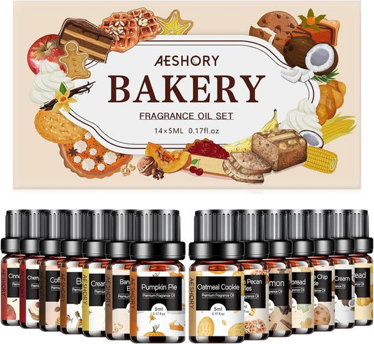 Bakery Essential Oils Set - Fragrance Oil for Diffusers, Candle Making - Pumpkin Pie, Coffee Cake, Oatmeal Cookie, Gingerbread, Cinnamon Apple Aromatherapy Scented Oils (5Ml)