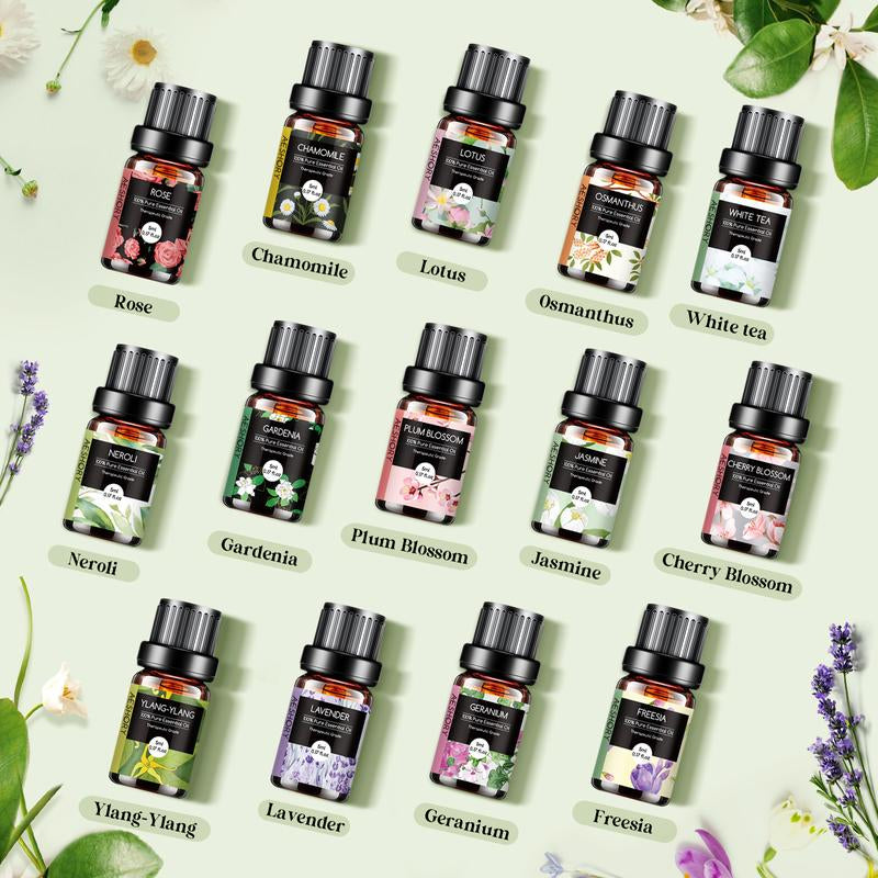 Floral Essential Oils Set - 14 Pcs Fragrance Oil for Diffusers, Aromatherapy, Candle Making - Lavender, Geranium, Rose, Jasmine, Gardenia Aromatherapy Essential Oils Kit Healthcare Healthy Therapeutic Wellness Treatment